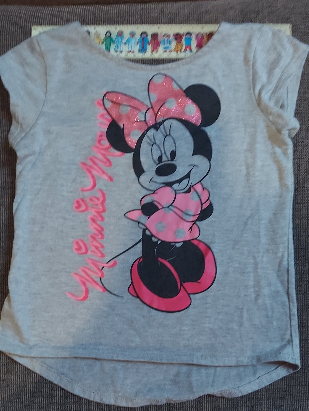 Disney Girls' Gray Tee with Pink Minnie Mouse Graphic